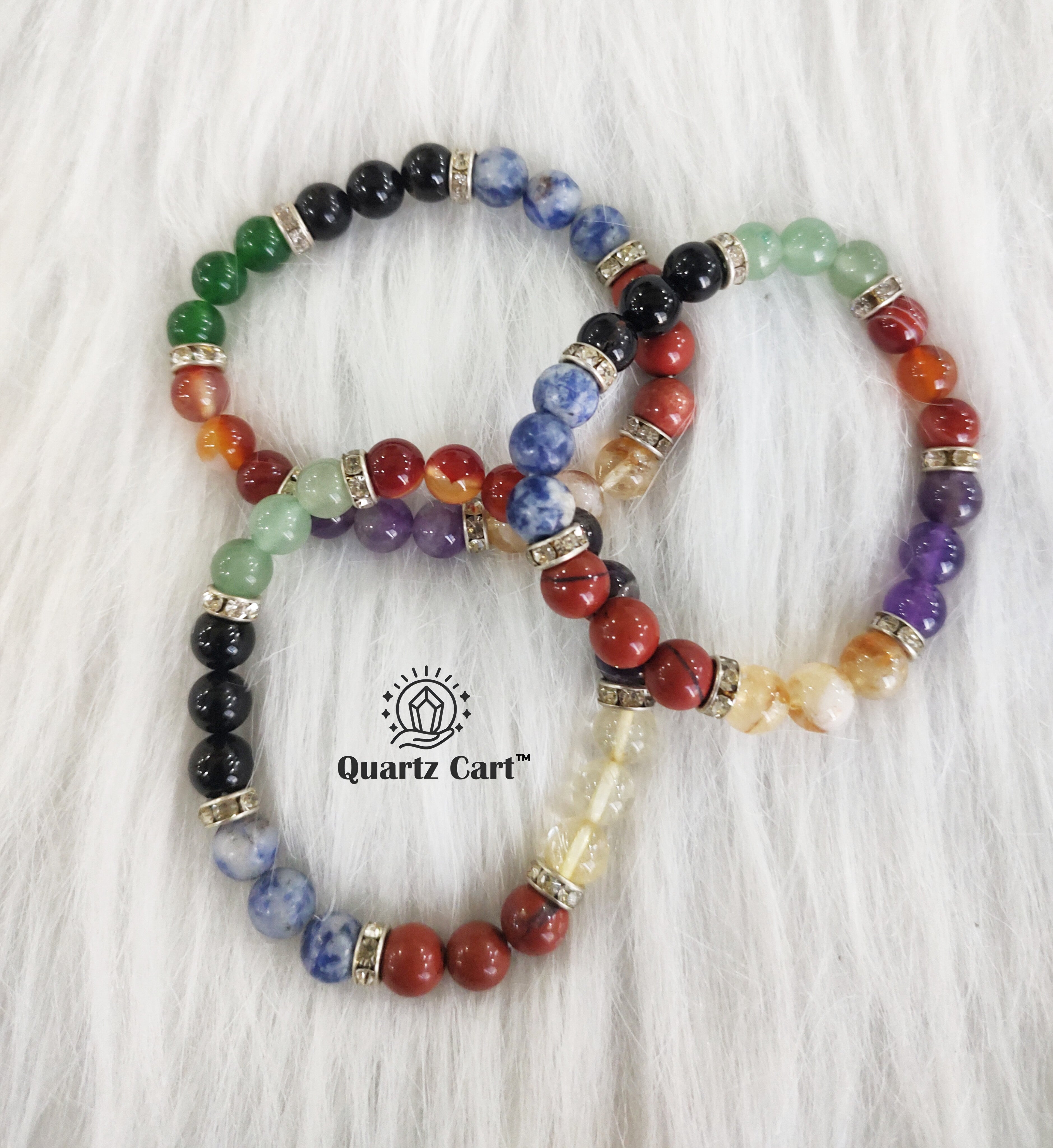 Two 7 chakra healing crystal bracelets with multicolor gemstones for meditation spiritual balance and positive energy