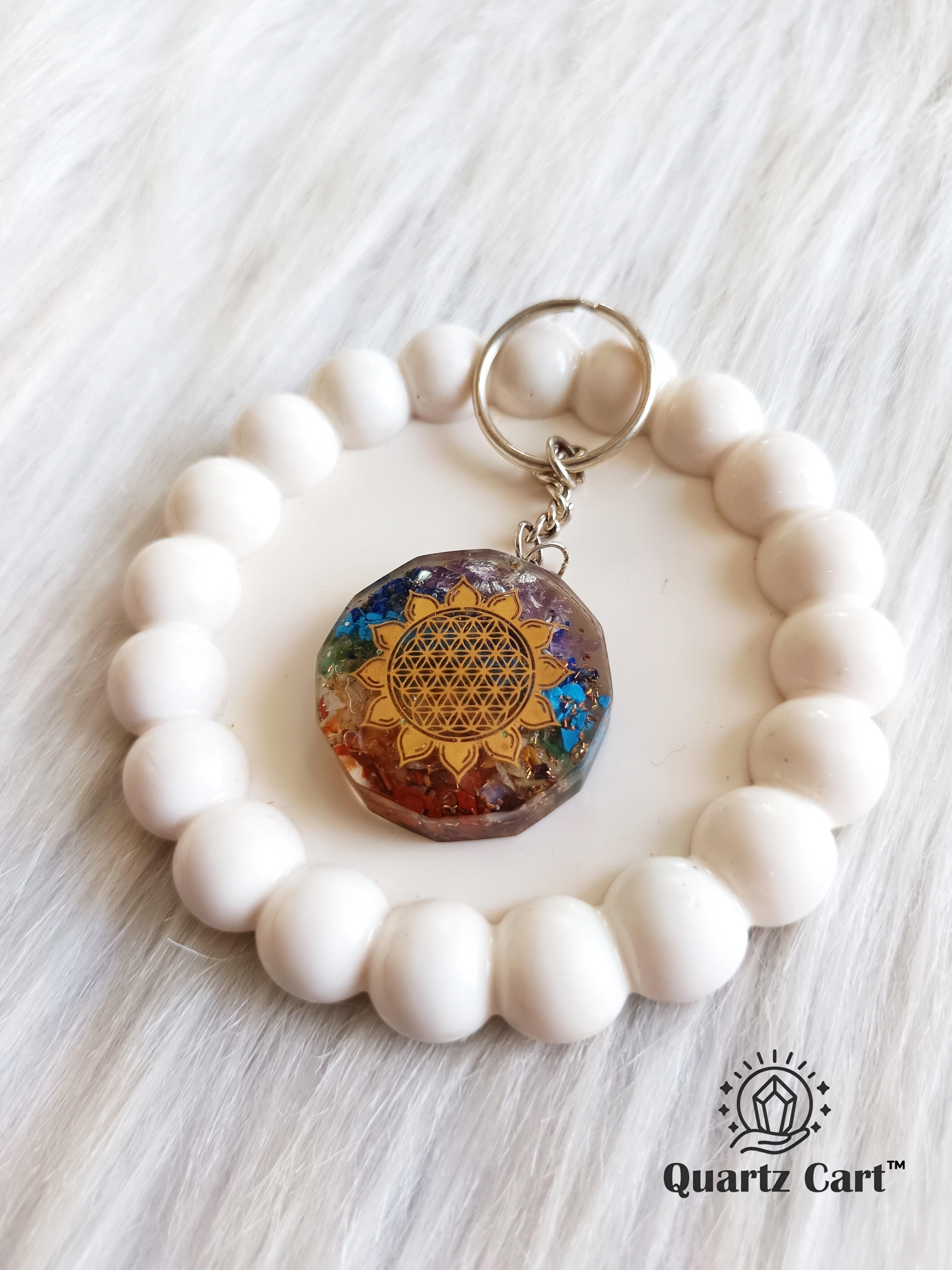7 chakra orgone keychain with tree of life charm on white beads