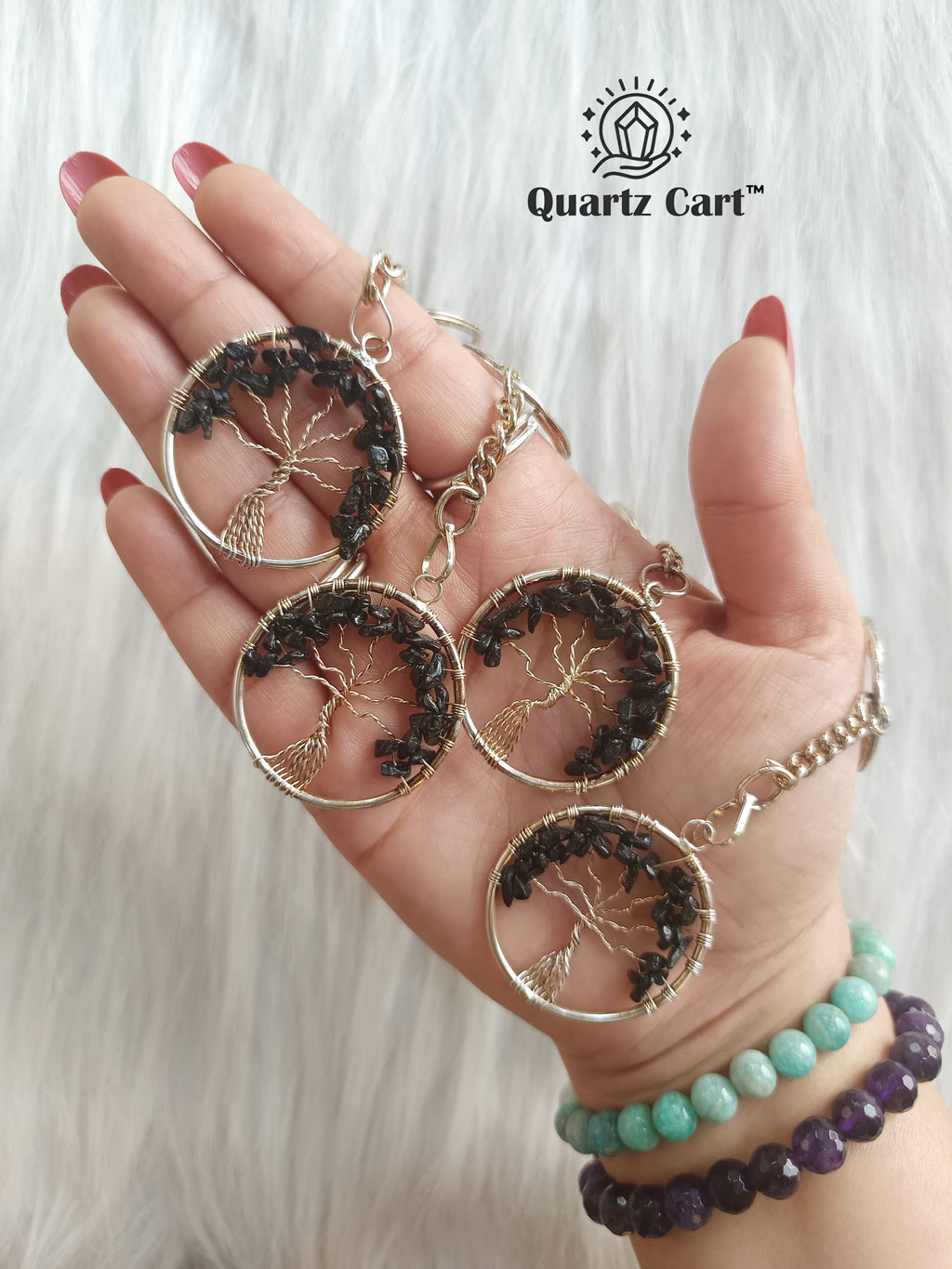 black tourmaline protection crystal keychain tree of life