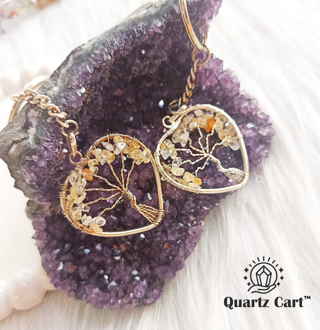 citrine heart shape tree of life keychain abundance crystal