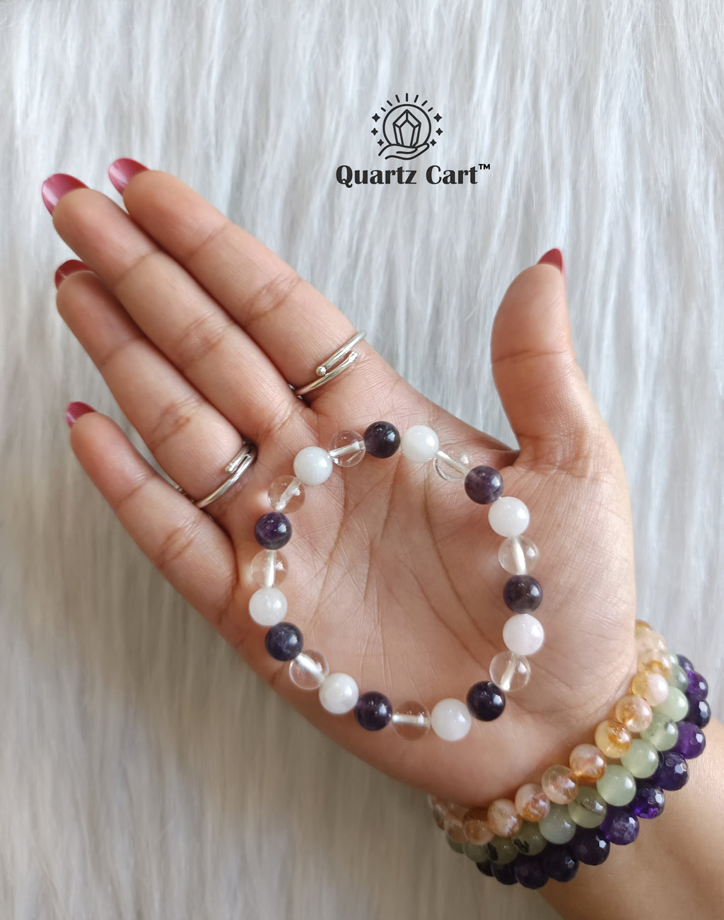 Happiness round bracelet held on hand showing natural gemstone beads, crystal bracelet for happiness, peace and positive energy