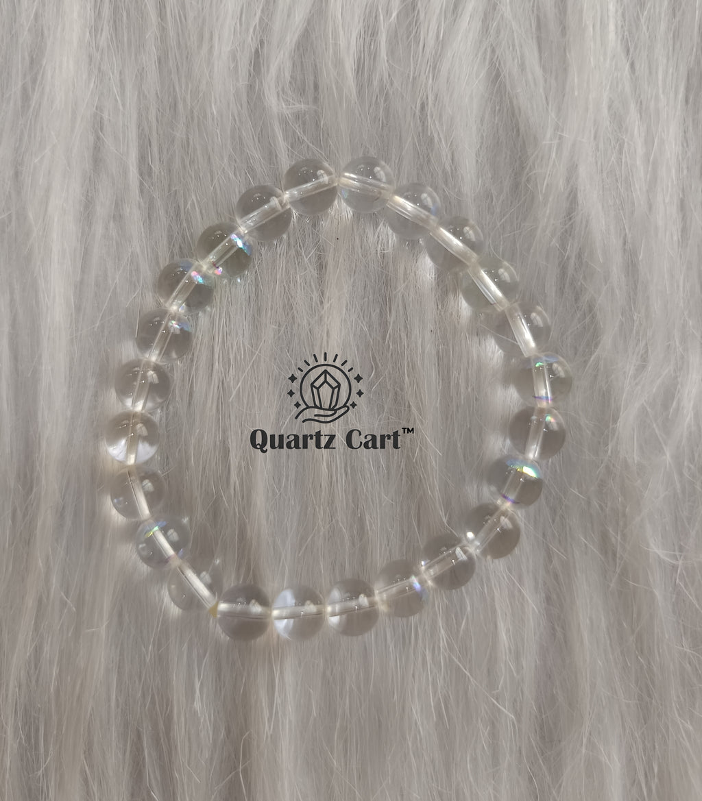 Natural Angel Aura Quartz bracelet 8mm with shimmering beads for high vibration energy and spiritual balance
