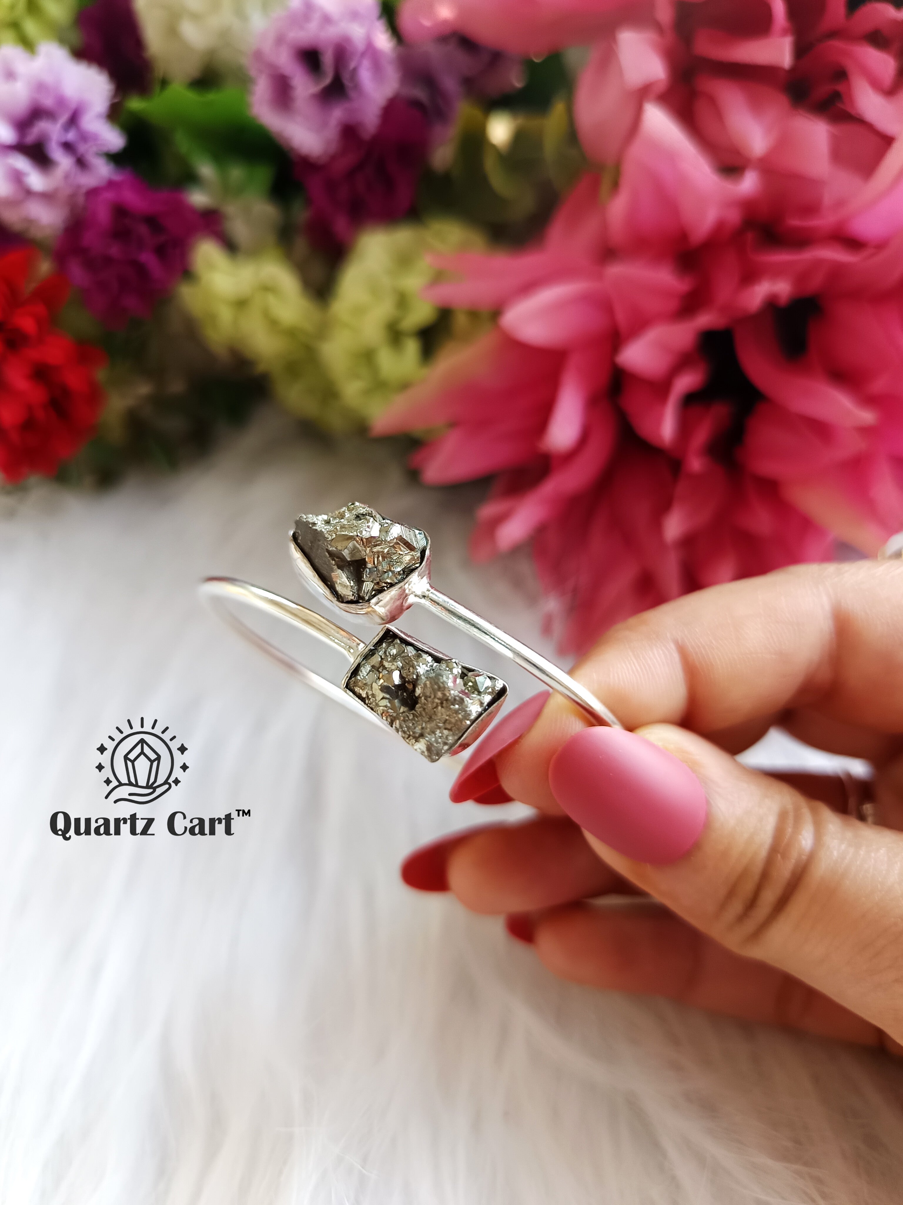 Pyrite kada bracelet worn on hand showing natural pyrite stones, crystal bracelet for wealth, abundance, protection and positive energy