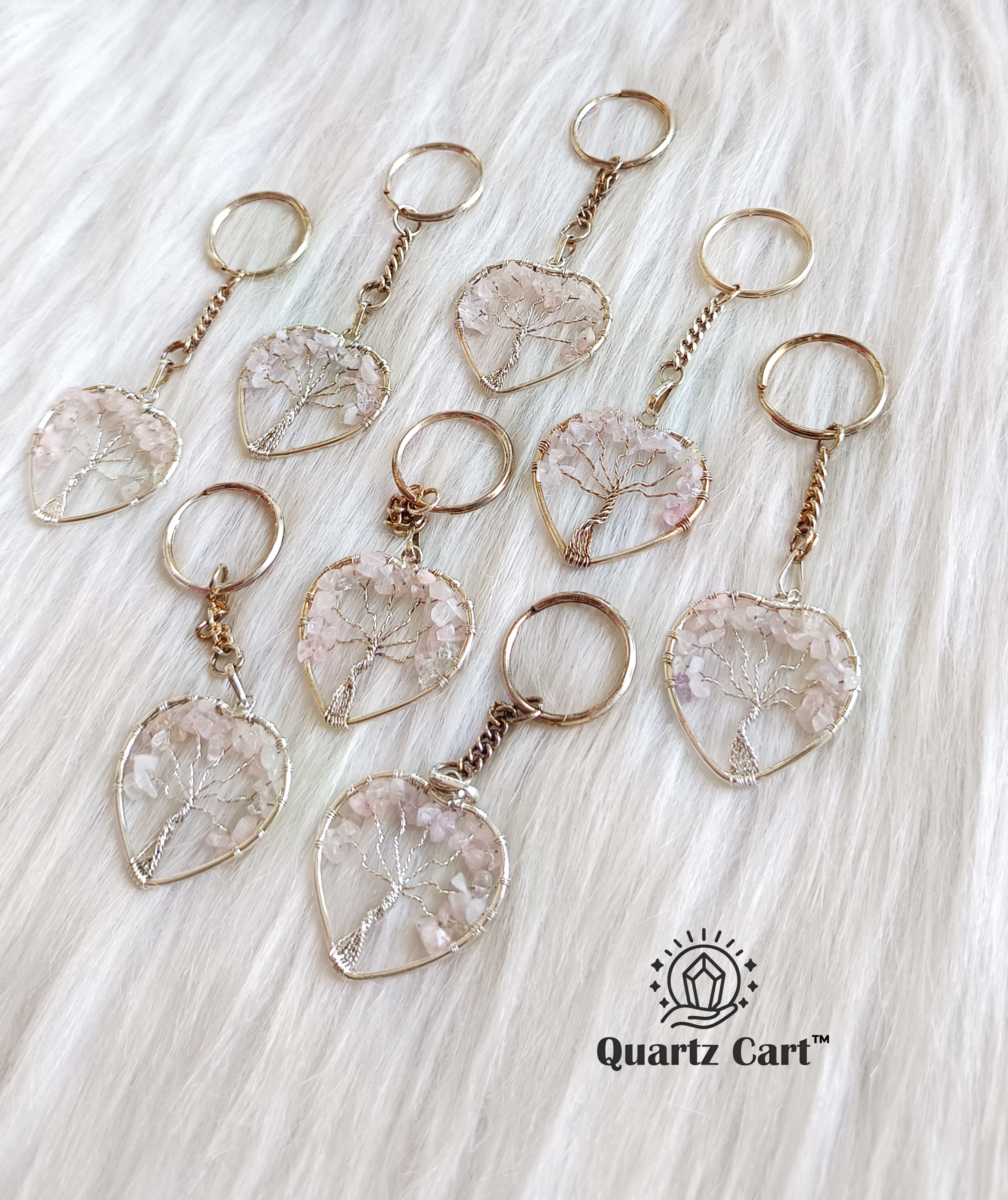 rose quartz gemstone heart shape tree of life keychains