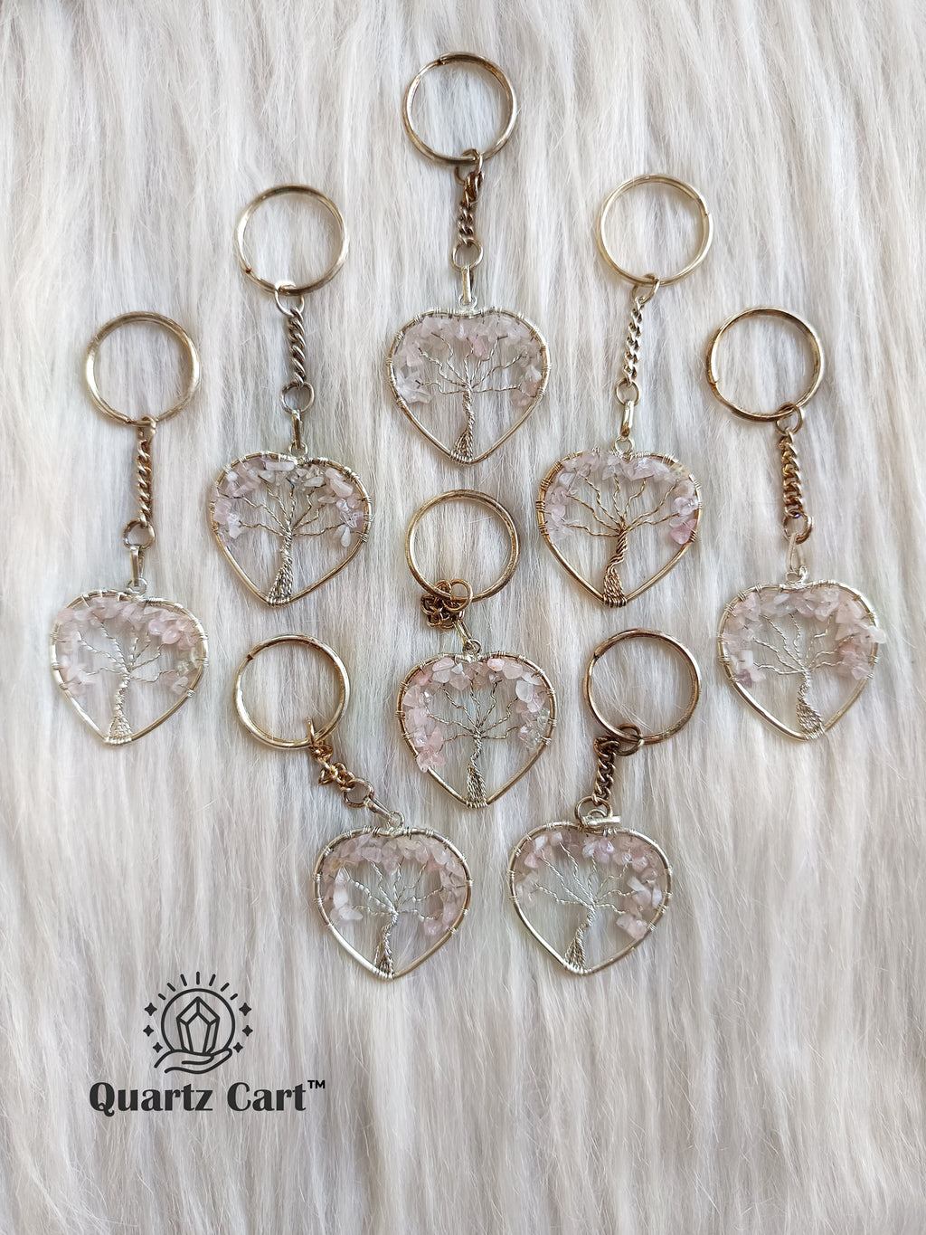 rose quartz heart shape tree of life keychain healing crystal