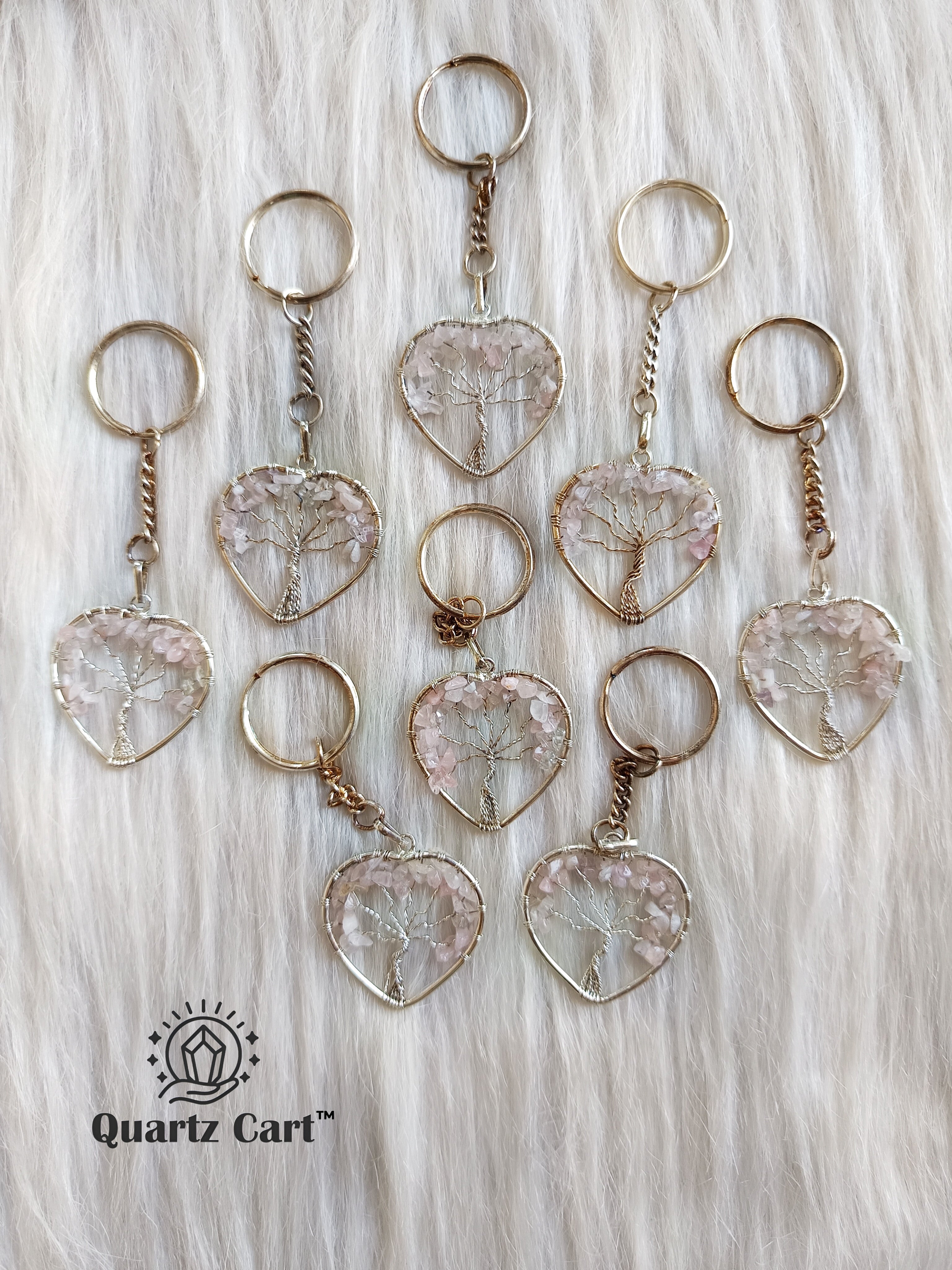 rose quartz heart shape tree of life keychain healing crystal
