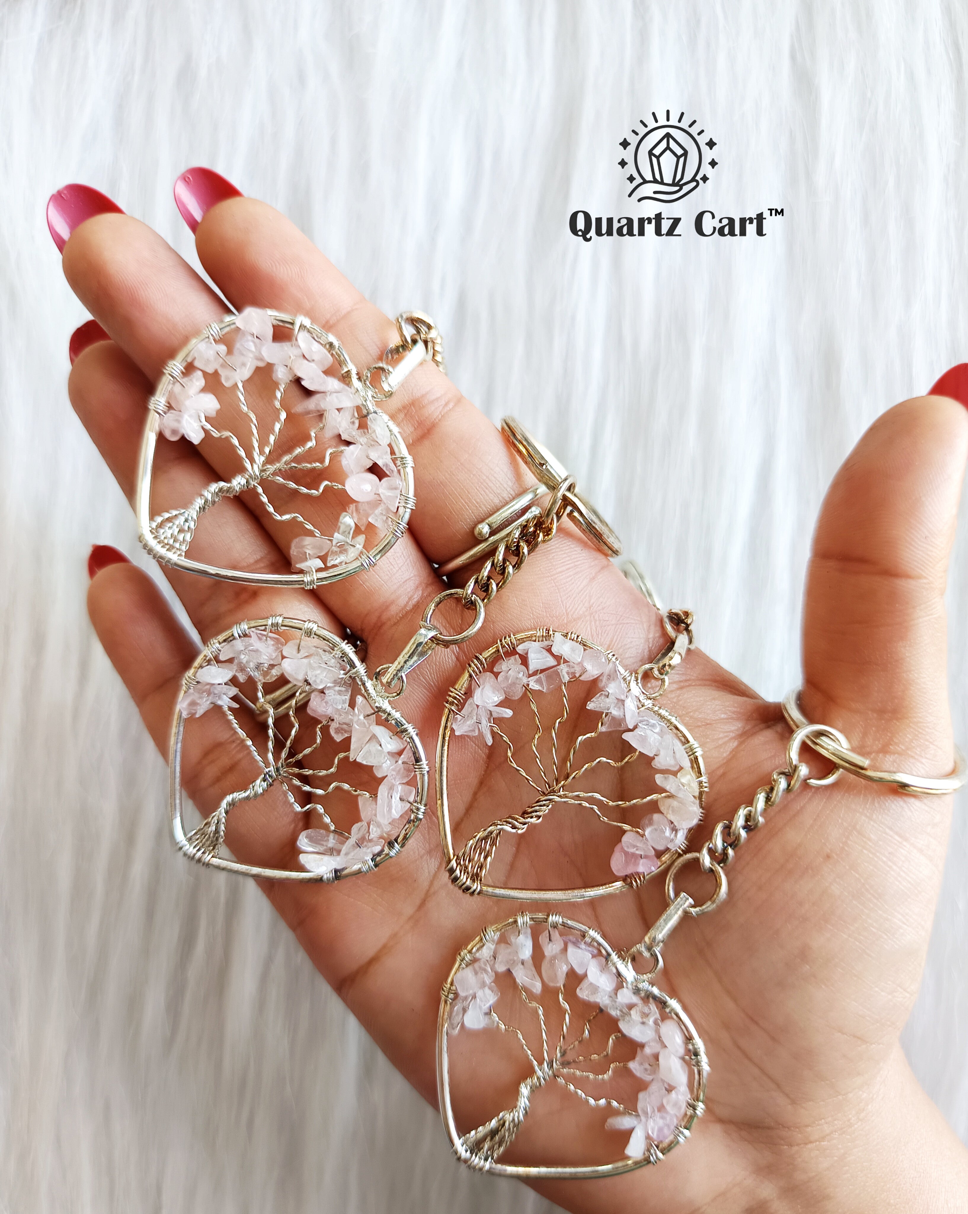 rose quartz heart tree of life crystal keychains love stone