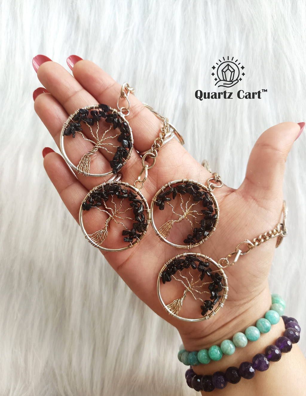 black tourmaline tree of life gemstone keychain